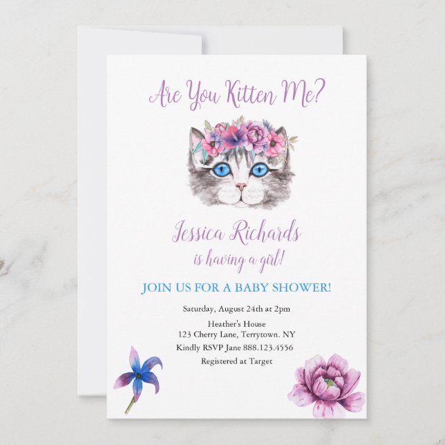Invitation Kitty chat chaton rose violet fille baby shower in (Devant)