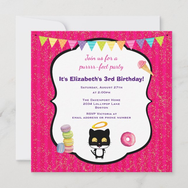 Invitation Kitty Chat Et Crème De Glace Anniversaire Invitati (Devant)