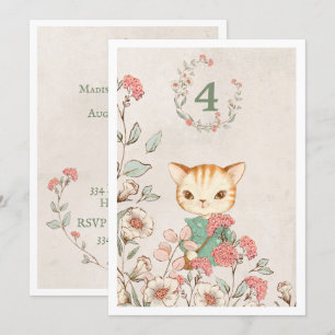 Invitation Kitty Chat Floral Girly Kitten 4e anniversaire