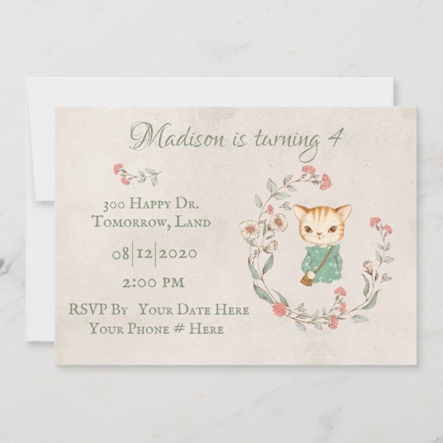 Invitation Kitty Chat Floral Girly Kitten fête d'anniversaire (Devant)