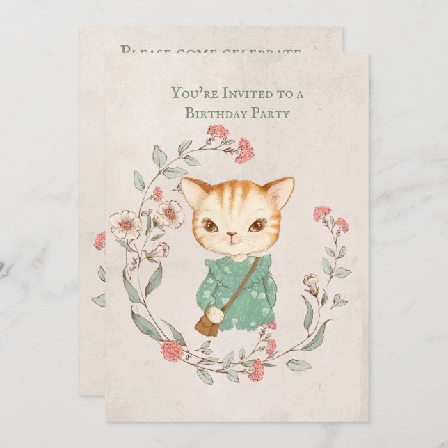 Invitation Kitty Chat Floral Girly Kitten fête d'anniversaire (Devant / Derrière)