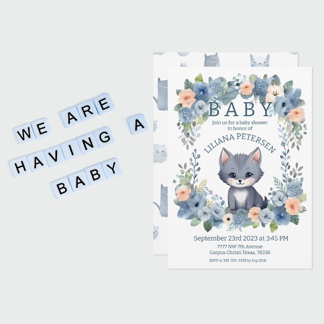 Invitation Kitty Chat Kitten Pastel Blue Boy Baby shower Invi (Baby Shower Invitation)