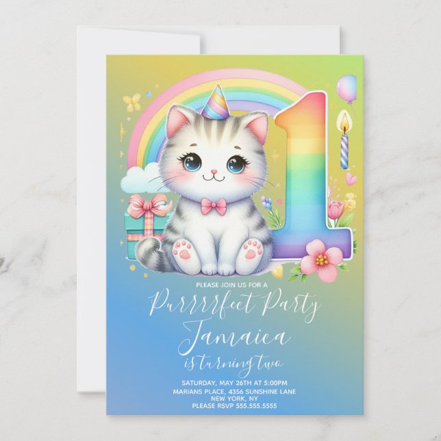 Invitation Kitty de premier anniversaire Fête Arc-en-ciel (Devant)