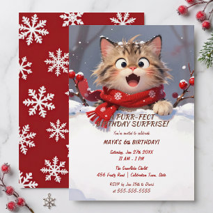 Invitation Kitty Fille Anniversaire Flocon de Neige Rouge Hiv