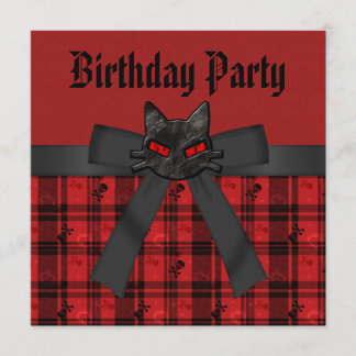 Invitation Kitty noir et crânes noirs et anniversaire rouge