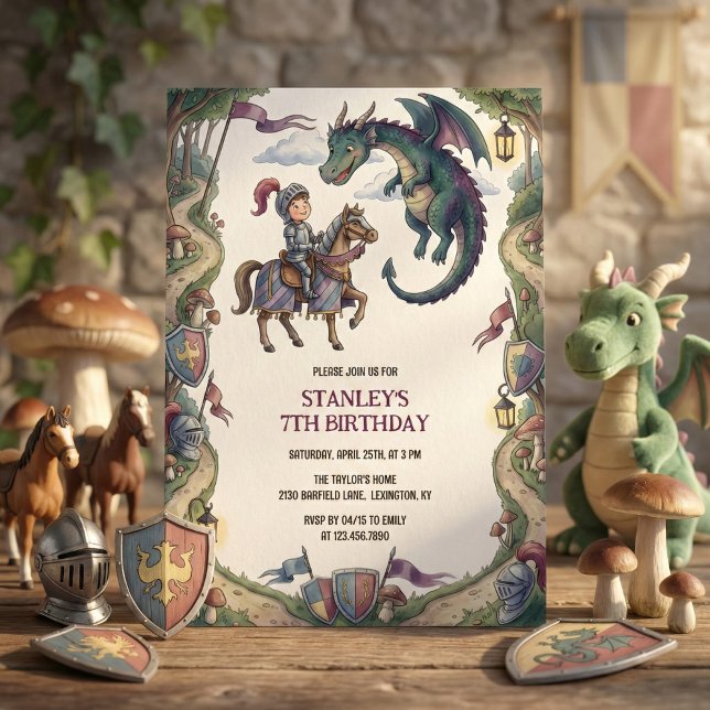 Invitation Knight and Dragon Medieval Fairytale Birthday (Knight and Dragon Fairytale Birthday Party Invitation)