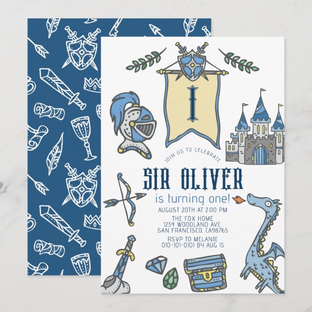 Invitation Knight Dragon Castle Medieval Boy 1er anniversaire (Devant / Derrière)