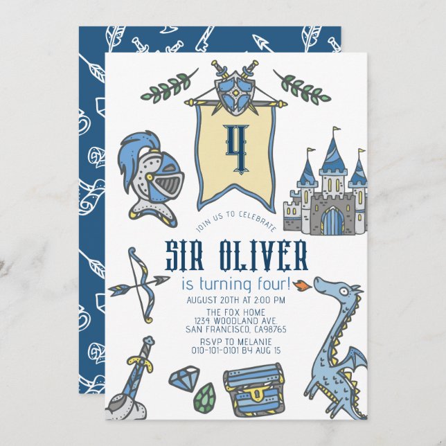 Invitation Knight Dragon Castle Medieval Boy Birthday (Devant / Derrière)