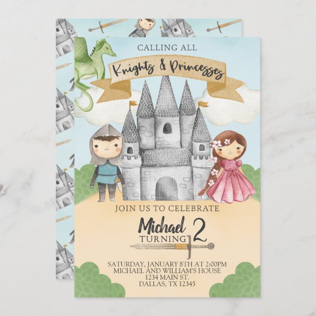 Invitation Knight et Princess Anniversaire (Devant / Derrière)