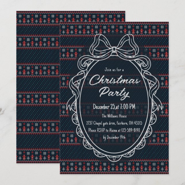 Invitation Knitted Christmas Pattern Bow Frame Holiday Party (Devant / Derrière)