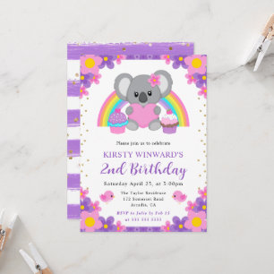 Invitation Koala Anniversaire Arc-en-ciel Floral Aquarelle