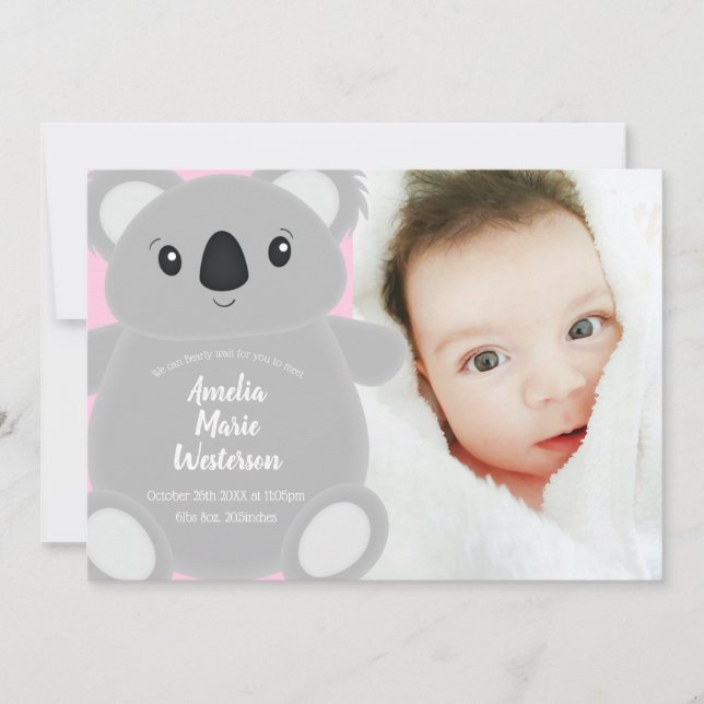 Invitation Koala Baby shower fille (Devant)