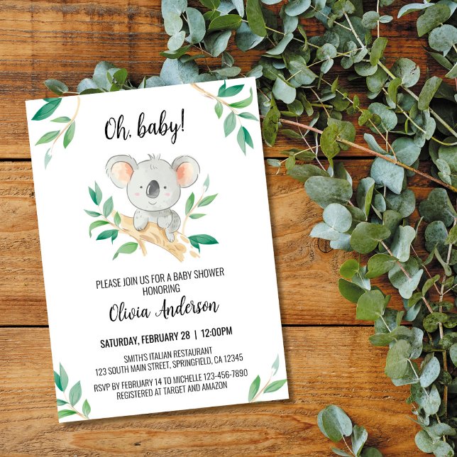 Invitation Koala Baby shower Invitation, aquarelle Koala (Créateur téléchargé)