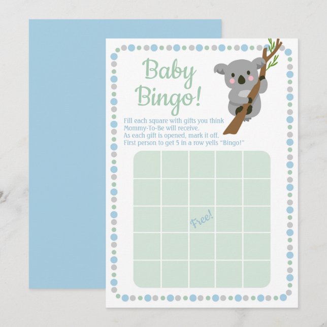 Invitation Koala Bear Baby shower Bingo Jeu Blue Boy (Devant / Derrière)