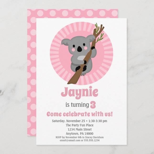 Invitation Koala Bear fête d'anniversaire rose (Devant / Derrière)