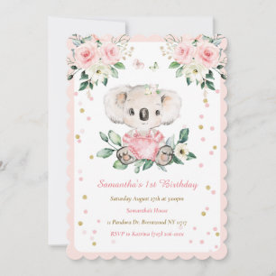Invitation Koala Bear Girl 1er anniversaire personnalisée