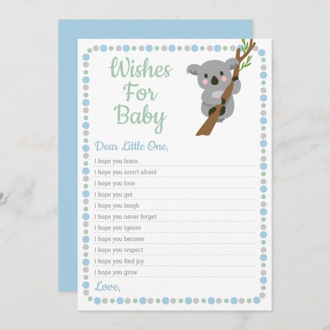 Invitation Koala Bear souhaite pour Baby shower Game Blue Boy (Devant / Derrière)
