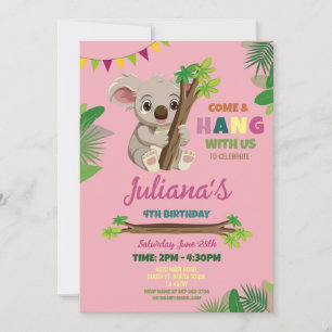 Invitation Koala Cute Girls Party Anniversaire rose