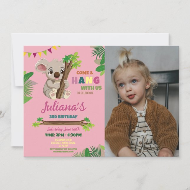 Invitation Koala Cute Girls Party Anniversaire rose Photo (Devant)