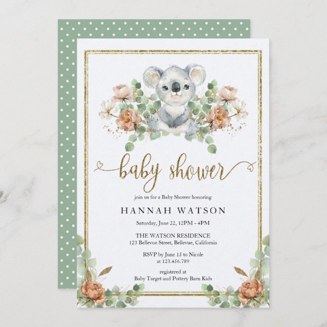 Invitation Koala Eucalyptus Woodland Élégant Baby shower (Devant / Derrière)