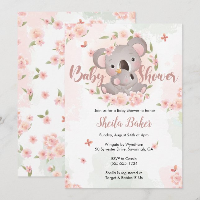 Invitation Koala, Invitation Baby shower Koala (Devant / Derrière)