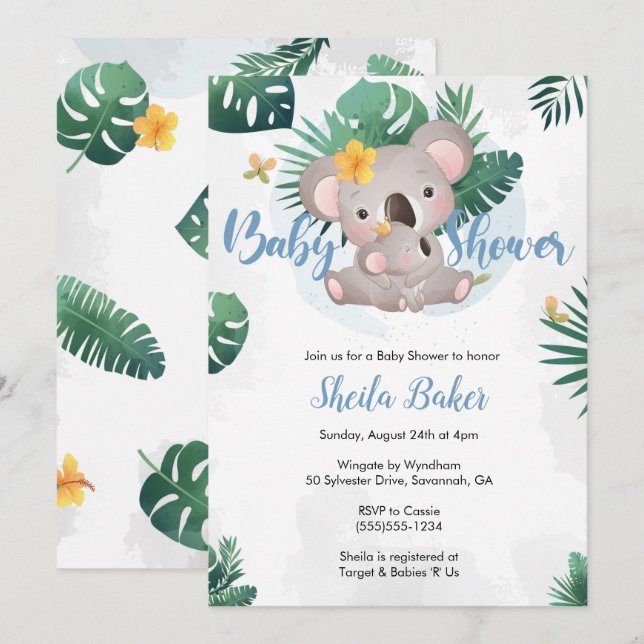Invitation Koala, Invitation Baby shower Koala Boy (Devant / Derrière)