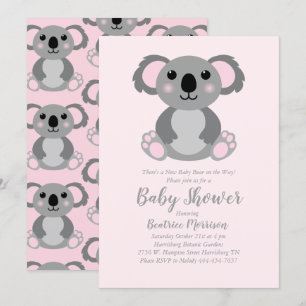 Invitation Koala ours Baby shower fille rose