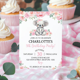 Invitation Koala Pink Floral Greenery Fille fête d'anniversai