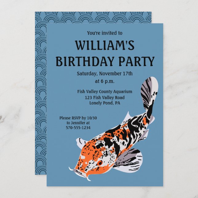 Invitation Koi Fish Illustration Orange, fête d'anniversaire  (Devant / Derrière)