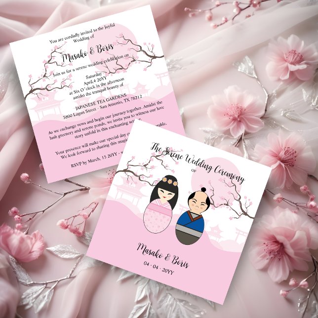 Invitation Kokeshi Couple Japanese Inspired Themed (Kokeshi Couple Japanese Inspired Themed Traditional Landscape Garden in Pink Wedding Invitation Card)