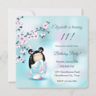 Invitation Kokeshi Doll Turquoise Girl´anniversaire