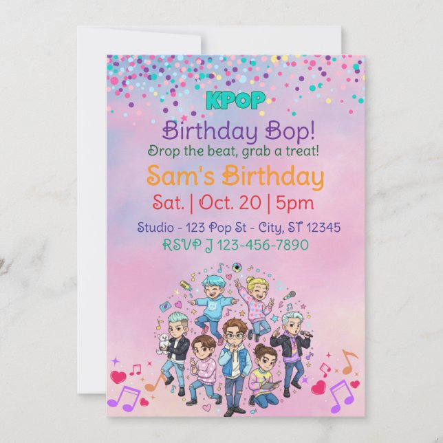 Invitation KPOP Birthday Bop, Colorful Boy Band (Devant)