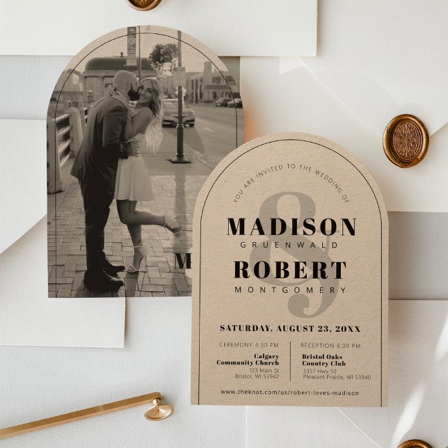 Invitation Kraft Ampersand Mariage photo noir et blanc (Beautiful modern black kraft simple elegant ampersand typography photo arch wedding invitation)