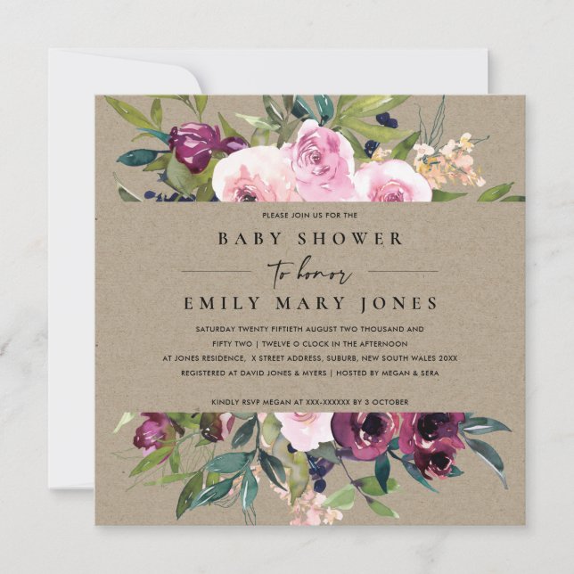 INVITATION KRAFT BLUSH BURGUNDY BABY SHOWER FLORAL BUNCH (Devant)