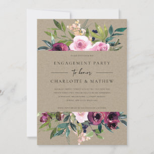 INVITATION KRAFT BLUSH BURGUNDY FLORAL BUNCH ENGAGEMENT PARTI