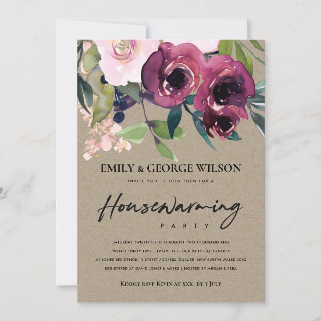 INVITATION KRAFT BLUSH BURGUNDY FLORAL HOUSEWARMINY PARTY (Devant)