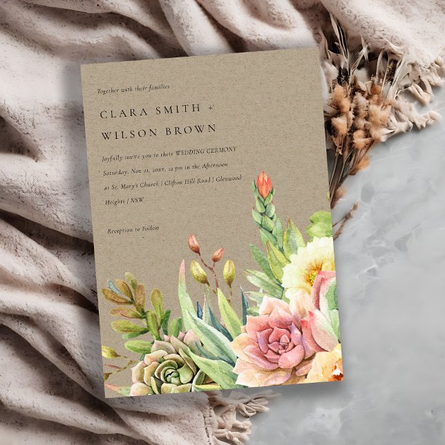 INVITATION KRAFT BLUSH DESERT SUCCULENT CACTI FOLIAGE MARIAGE (Créateur téléchargé)