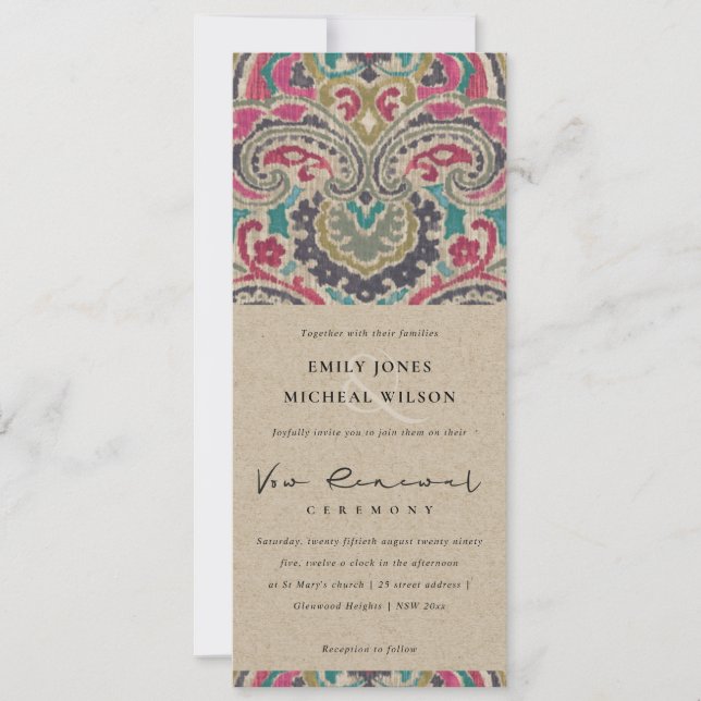 INVITATION KRAFT BOHO TRIBAL IKAT PINK VOW RENOUVELLEMENT INV (Devant)