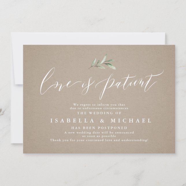 Invitation Kraft calligraphie verdure mariage report (Devant)