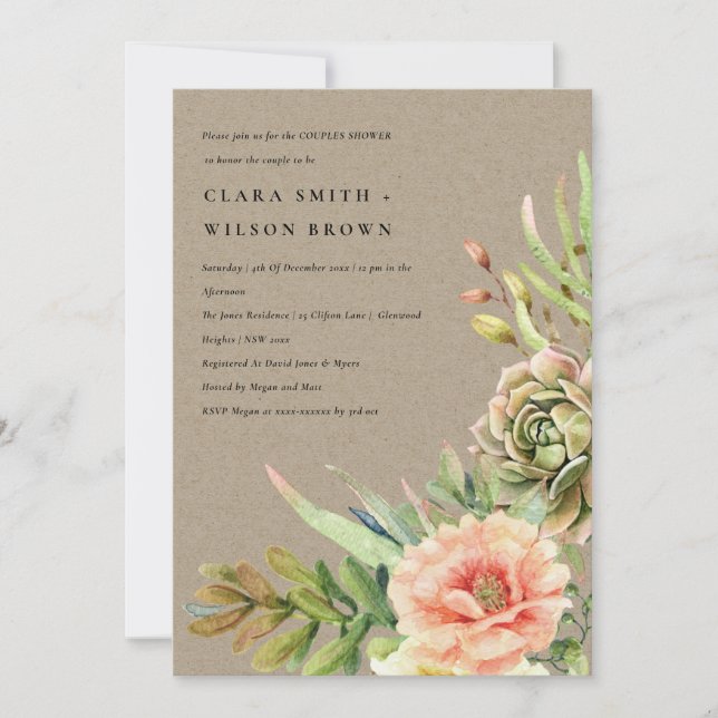 INVITATION KRAFT DESERT SUCCULENT CACTI FOLIAGE COUPLE DOUCHE (Devant)