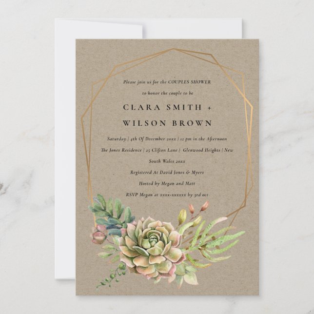 INVITATION KRAFT DESERT SUCCULENT CACTI FOLIAGE COUPLE DOUCHE (Devant)