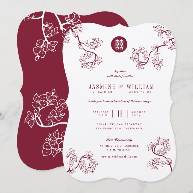 Invitation Kraft Et Plum Rouge Fleurissent Mariage Asiatique  (Devant / Derrière)