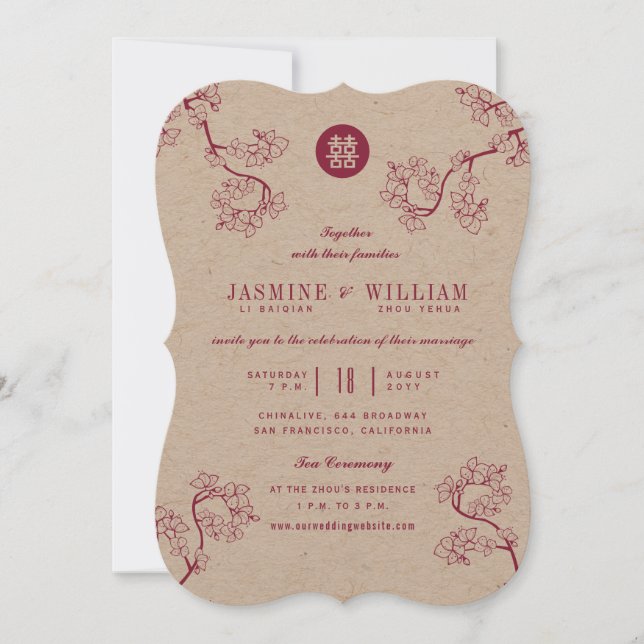 Invitation Kraft & Fleurs de Prunier 囍 Mariage Moderne Asiati (Devant)