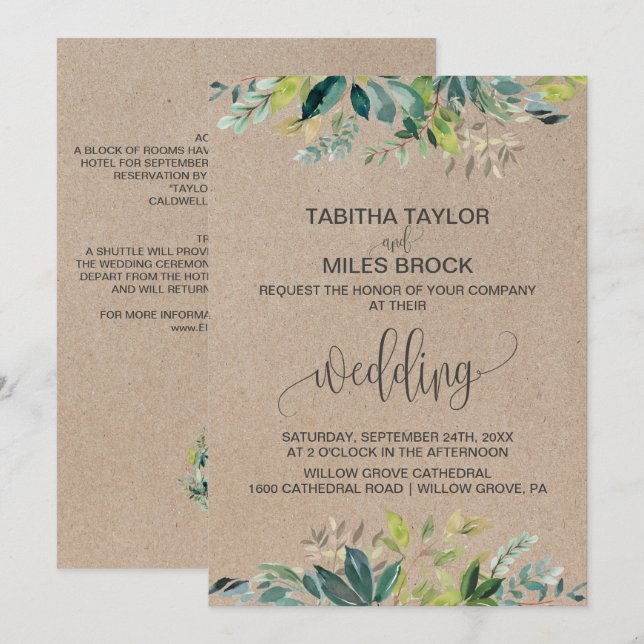 Invitation Kraft Foliage | Mariage d'emballage Monogram & Det (Devant / Derrière)