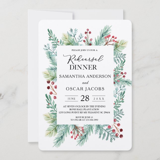 Invitation Kraft Hiver Feuilles Cadre vert (Devant)