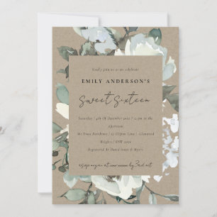 INVITATION KRAFT IVORY BUNCH FLORAL BLANC SWEET 16 ANNIVERSAI