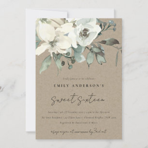 INVITATION KRAFT IVORY BUNCH FLORAL BLANC SWEET 16 ANNIVERSAI