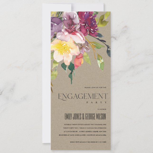 INVITATION KRAFT JAUNE BLUSH BURGUNDY FIANÇAILLES FLORAL (Devant)