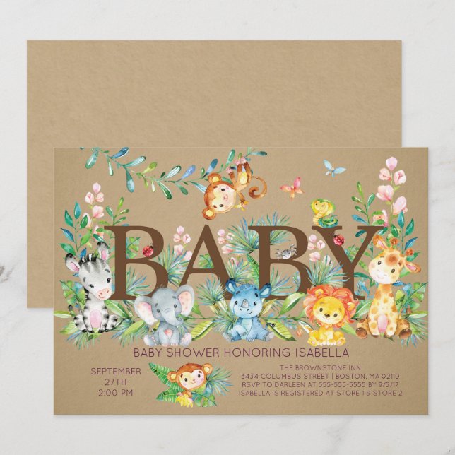 Invitation Kraft Jungle Baby shower neutre pour les femmes In (Devant / Derrière)