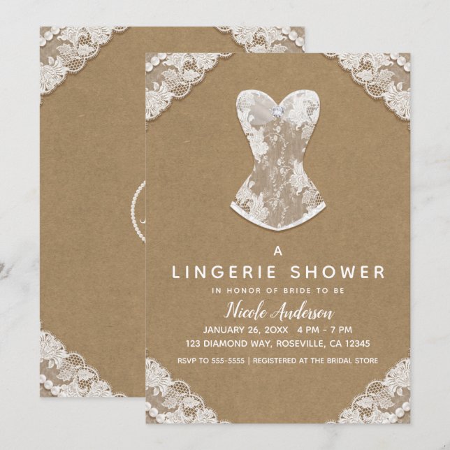 Invitation Kraft Lace & Perles Mariage Lingerie Fête des mari (Devant / Derrière)
